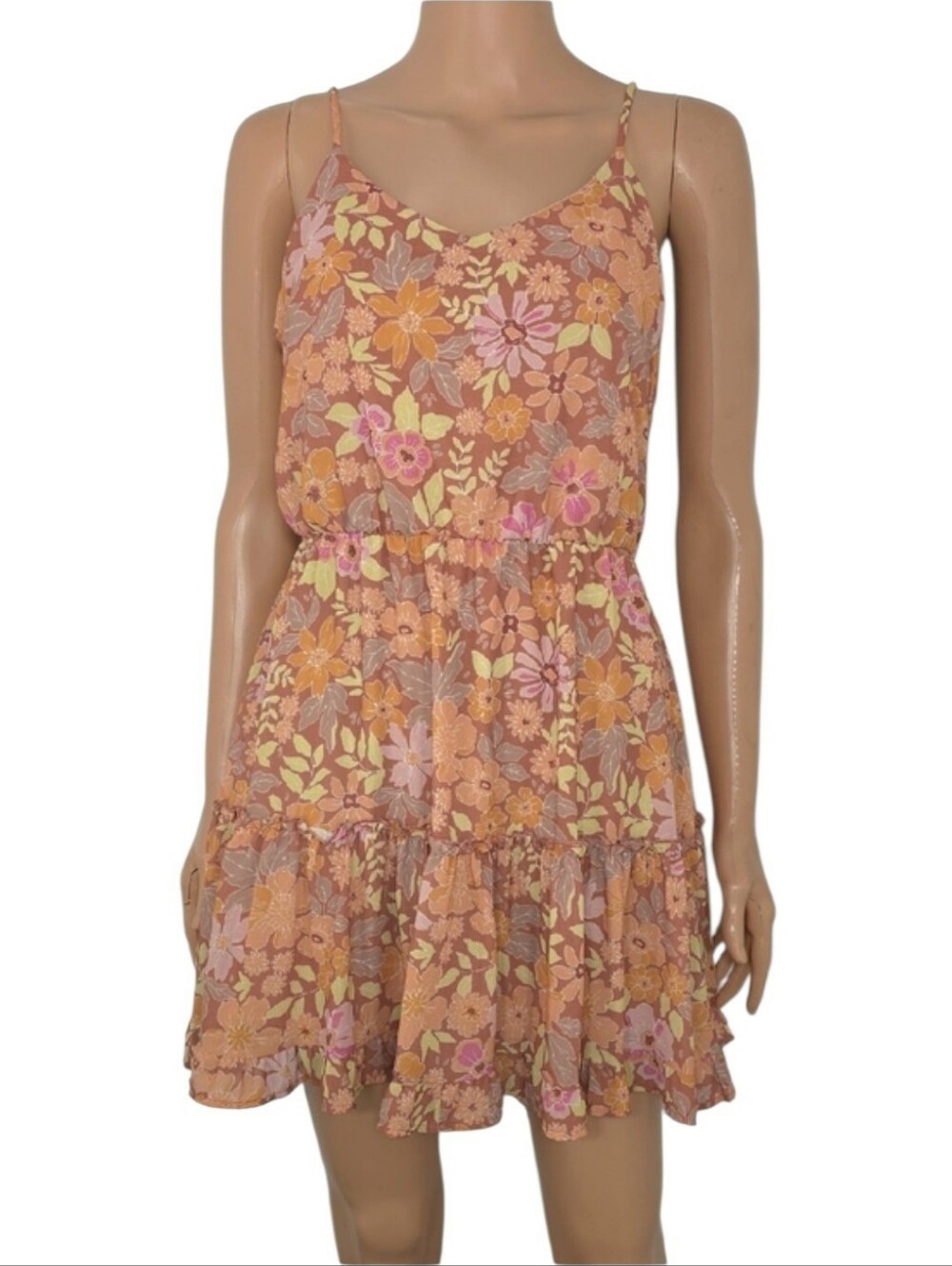 Altar'd State Peach Floral Tiered Mini Dress Size M Mediun